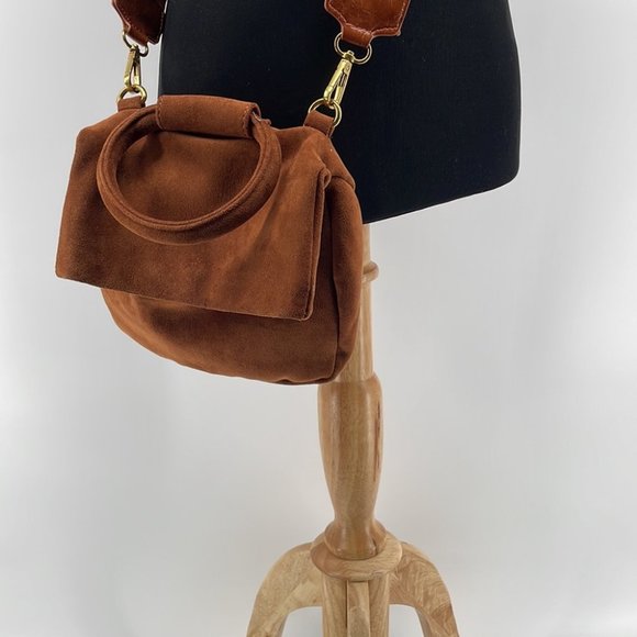 Anthropologie Cocoa Blake Wide Strap faux Suede Leather Crossbody Bag brown - Picture 3 of 13